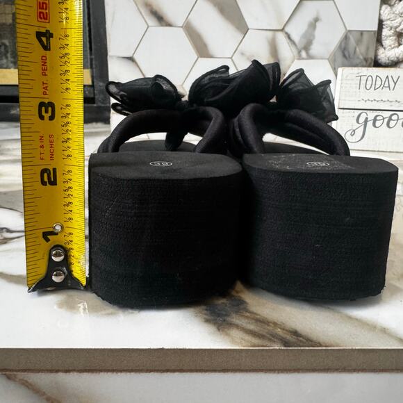 Y2K Black Wedge Heel Thong Sandals Mesh Bow Size 39EU, 8.5-9 US Retro Throw Back - Picture 6 of 10
